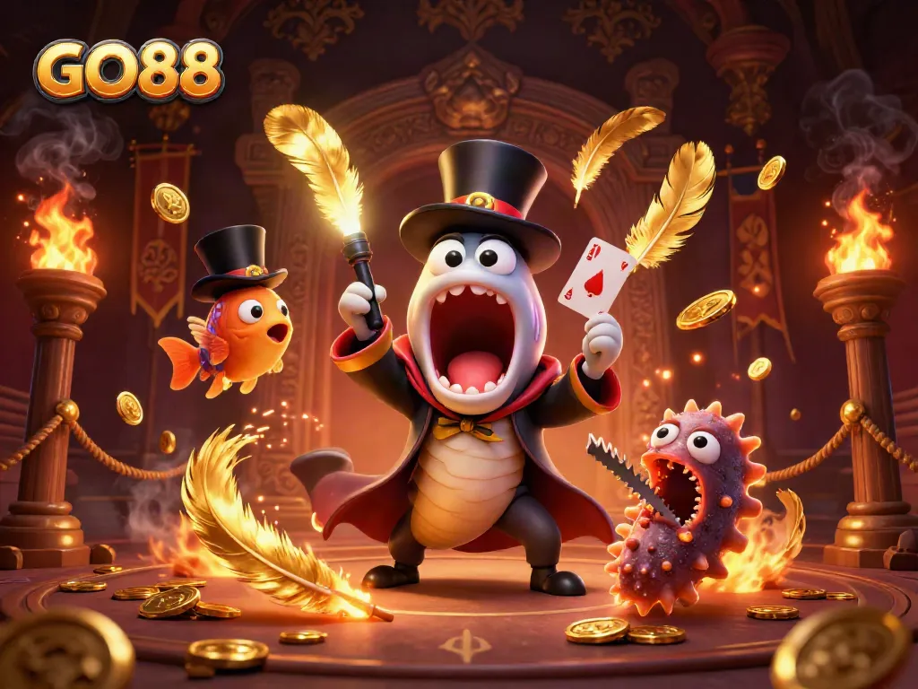 Experience the excitement of GO88 with animated characters performing magic tricks in a vibrant casino-themed setting.