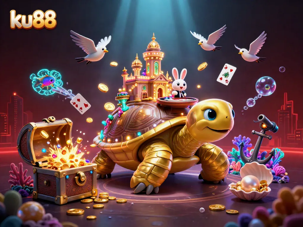 ku88 presents a vibrant casino scene with a golden tortoise, rabbit dealer, and flying coins