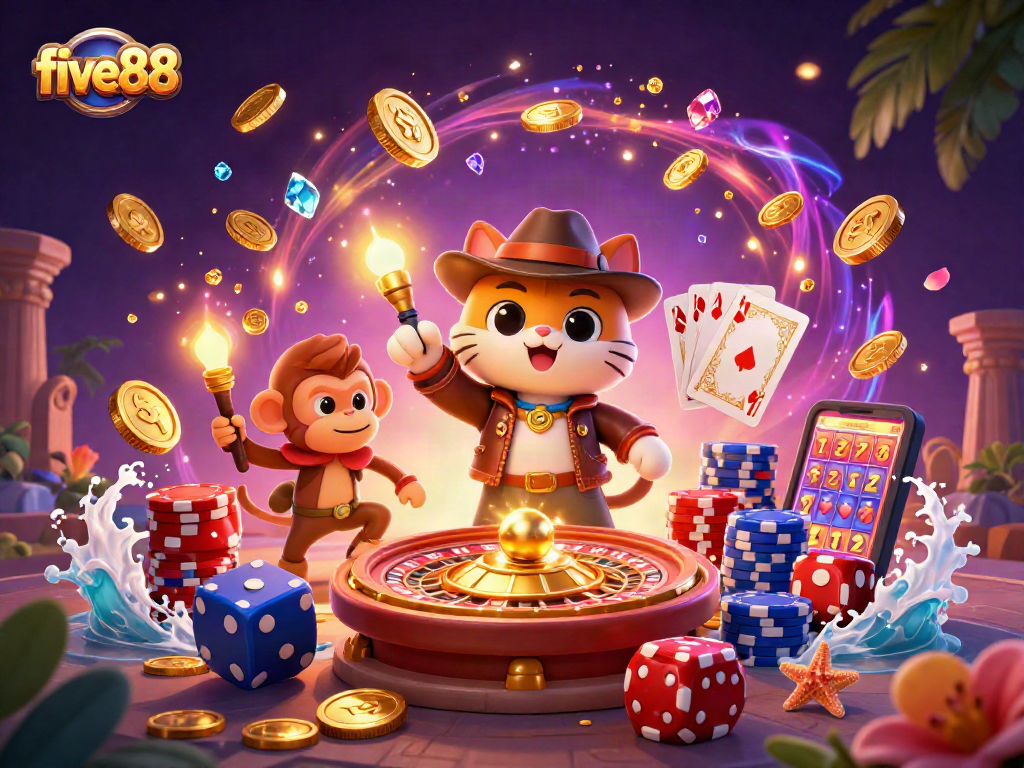 Experience exciting gameplay at five88 with a captivating 3D casino scene featuring golden artifacts and game elements.