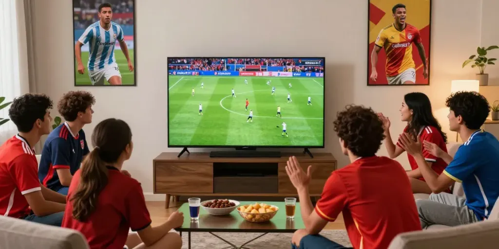 CakhiaTV soccer match viewing party with friends in a modern living room.