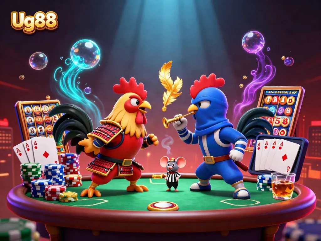 Engage with Ug88's thrilling casino scene showcasing fighting roosters and vibrant game elements.