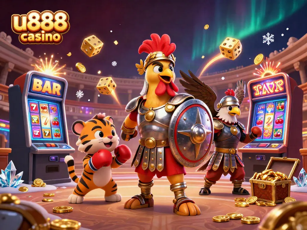 Experience thrills at u888 casino with a dynamic 3D illustration of gaming excitement.