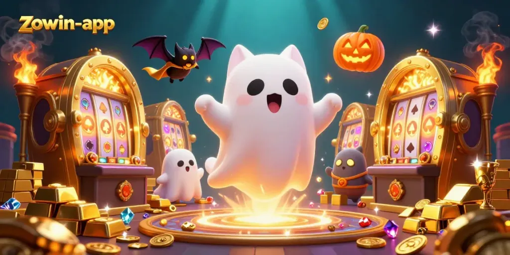 Experience thrilling gameplay with the zowin-app in a colorful casino featuring a ghost cat and vampire bat.