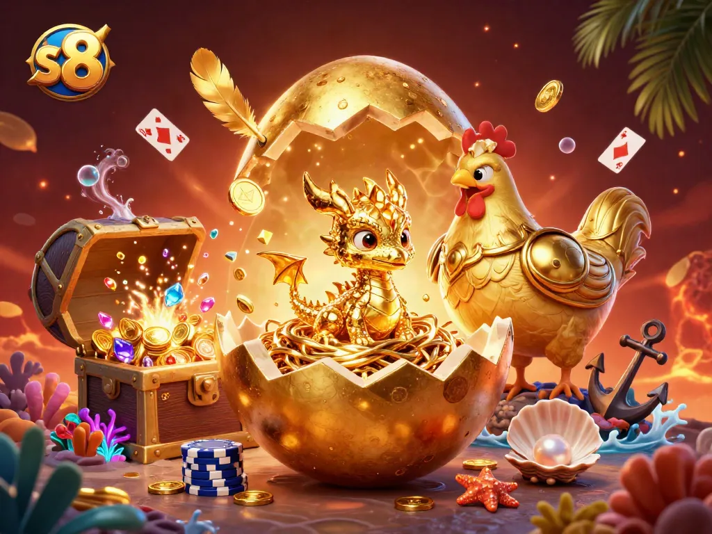 Engage with the vibrant s 8 gaming scene featuring golden dragon and poker chips amidst dynamic casino elements.