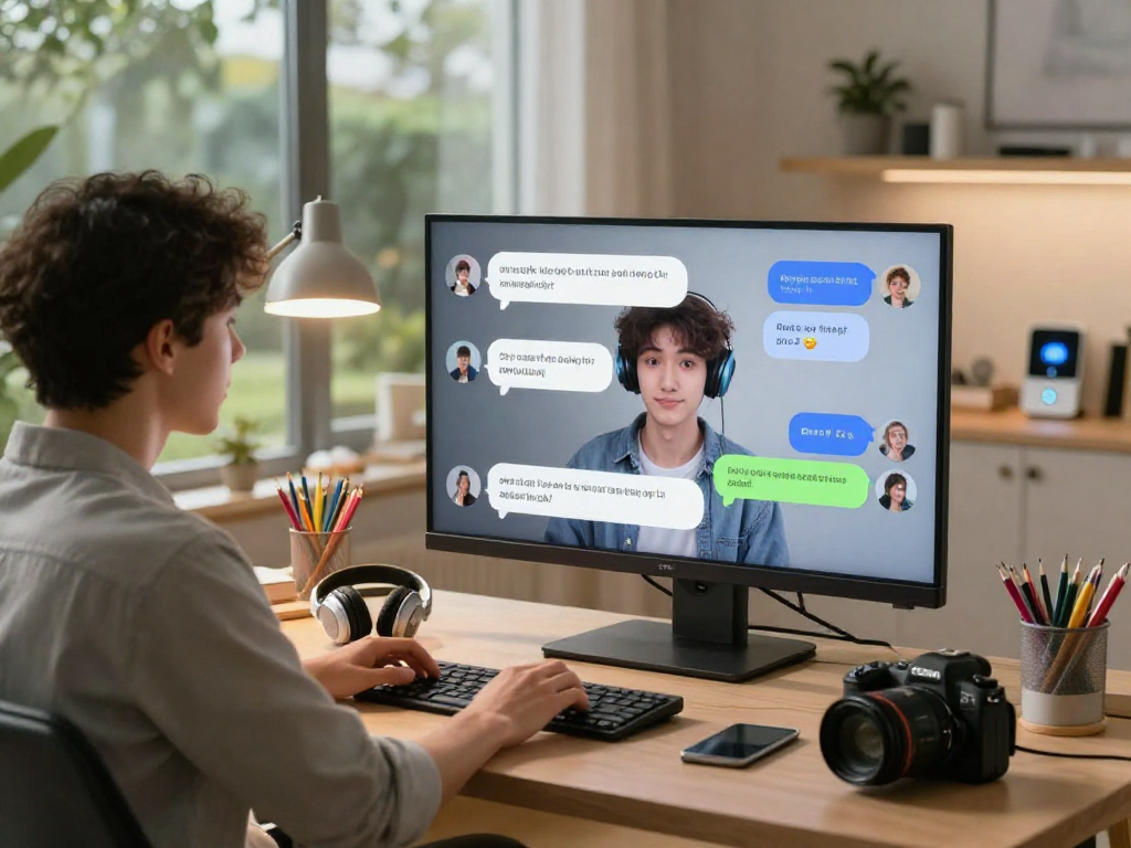 User interacting with AI avatar in a cozy home office, showcasing engaging porn chat ai experience in a warm environment.
