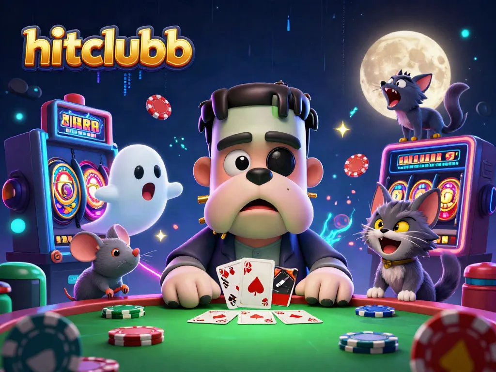 Engaging scene of hitclubb's cartoon casino with a Frankenstein bulldog dealer, enhancing gambler excitement.