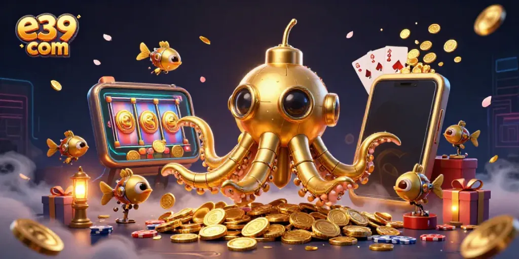Experience the thrill of e39 com with a vibrant golden kraken submarine and dynamic casino elements.