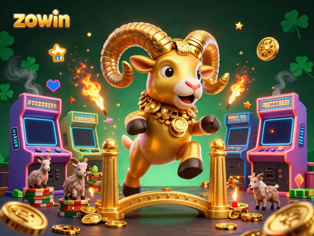 Zowin brand promotional illustration showing a golden ram and gaming elements in a dynamic casino scene.