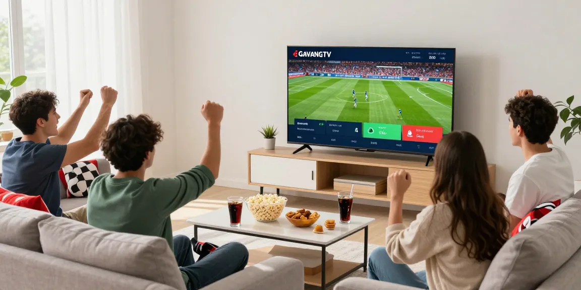 Group of friends enjoying a thrilling football match on GavangTV with snacks in a cozy living room.