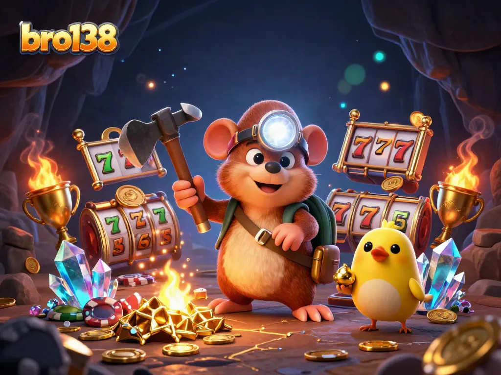 Spin the reels at bro138 with a treasure-hunting mole in a cave of riches, showcasing vibrant gaming elements.