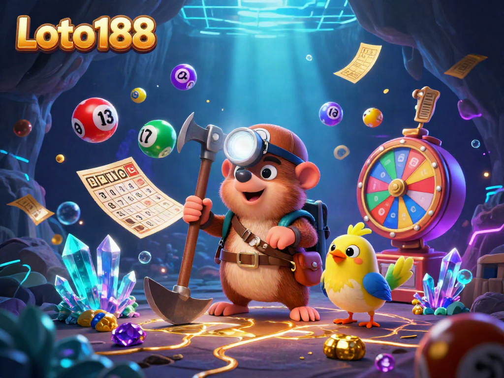 Engage in a dynamic Loto188 casino scene with a treasure hunter mole, lottery elements, and a vibrant atmosphere.