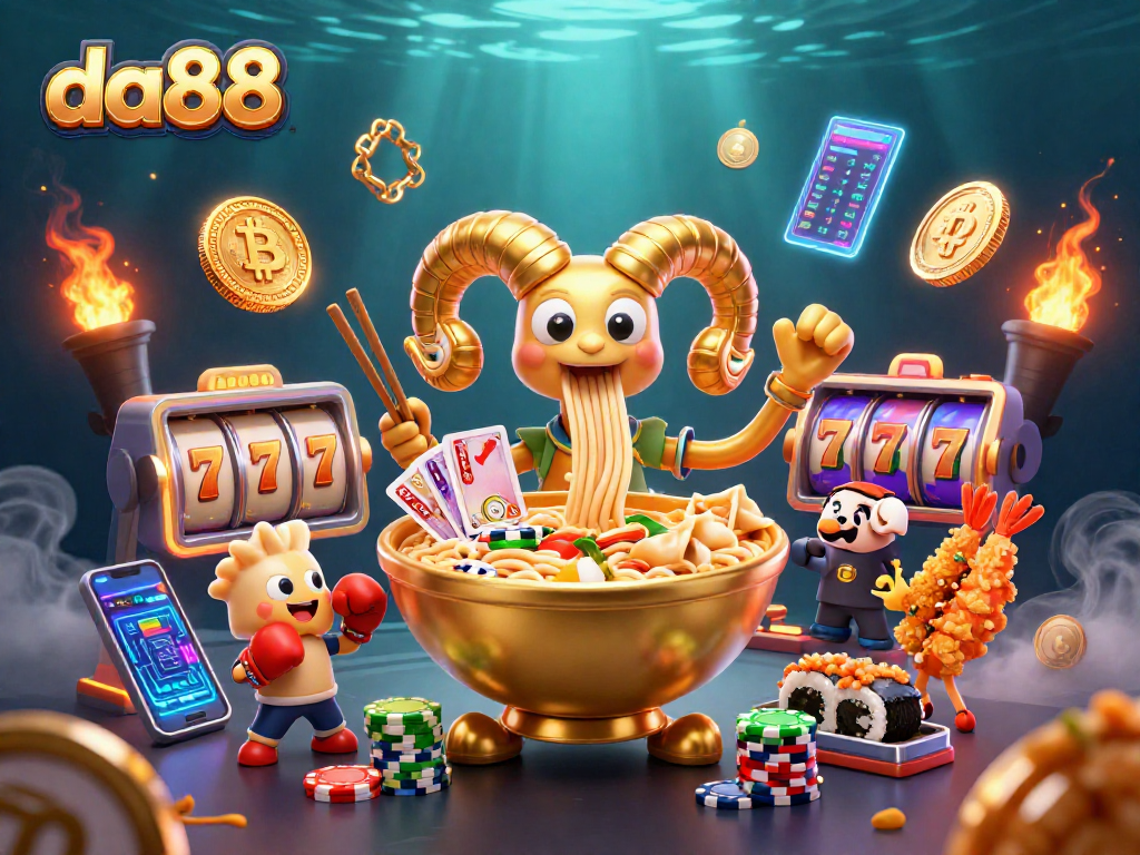 Join the fun at da88 with vibrant slot games featuring a giant ramen bowl and cheerful characters.