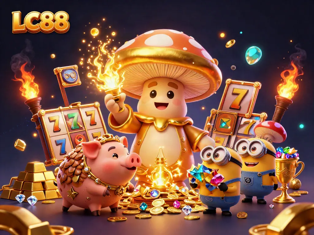 Experience the magic of LC88 with treasure and golden elements in a vibrant casino-themed illustration.