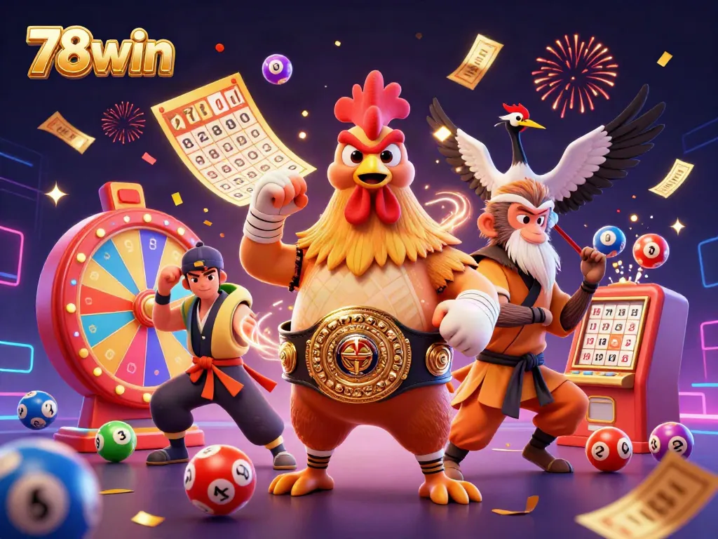 Experience the thrilling action at 78win with vibrant lottery scenes and dynamic characters celebrating jackpots.
