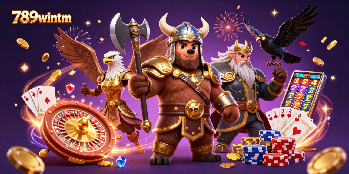 Engage with the exhilarating scene of 789wintm's Viking and Valkyrie celebrating casino wins.