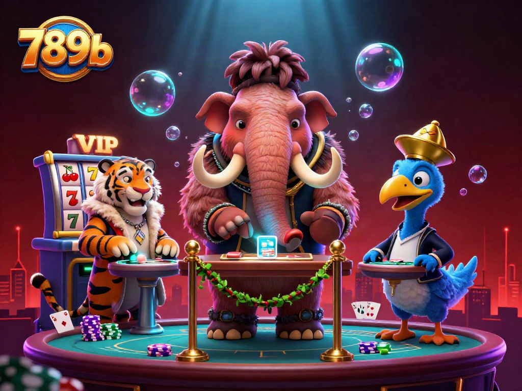 Engage with thrilling slots on 789b, featuring a welcoming woolly mammoth bouncer in a vibrant casino scene.