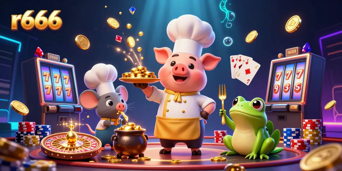 Experience the thrill of r666 with a gourmet platter of golden coins and dynamic casino elements in an energetic scene.