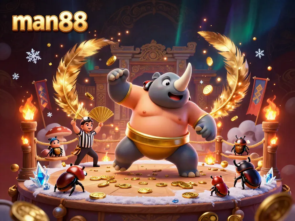 Experience the thrilling action at man88 with a sumo beetle champion winning coins in a vibrant arena.