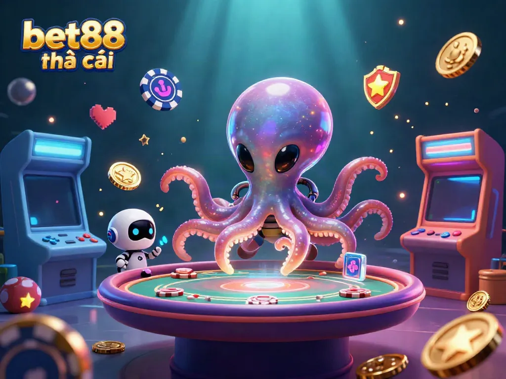Experience the exciting world of bet88 nhà cái with a vibrant 3D casino scene featuring an alien octopus and robotic companion.