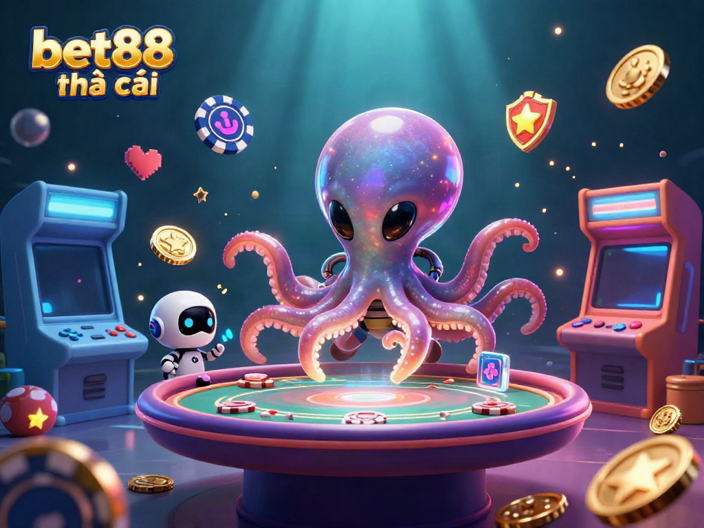 Experience the exciting world of bet88 nhà cái with a vibrant 3D casino scene featuring an alien octopus and robotic companion.