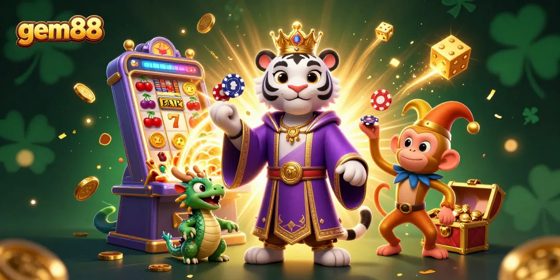 Experience the excitement of gem88 with colorful slot machines and lively characters in a vibrant casino scene.