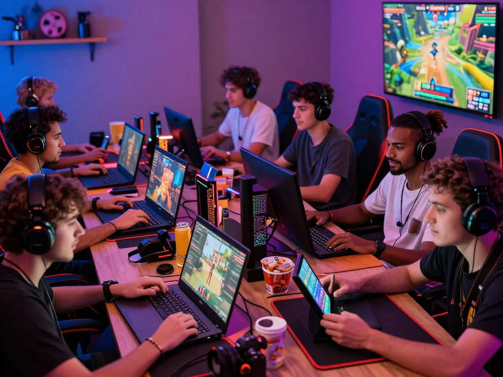 Engaged players enjoying porn games online across devices in vibrant setting.