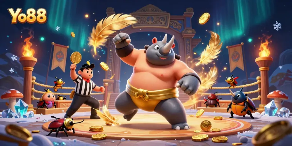 Experience the exciting gameplay of Yo88 with a dynamic 3D scene featuring a sumo beetle champion and vibrant gaming elements.