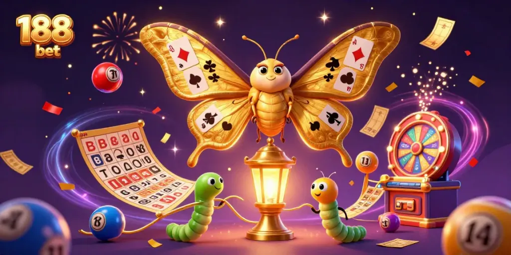 Engage in thrilling gameplay with 188 bet in a vibrant 3D casino illustration featuring dynamic lottery balls and golden symbols.