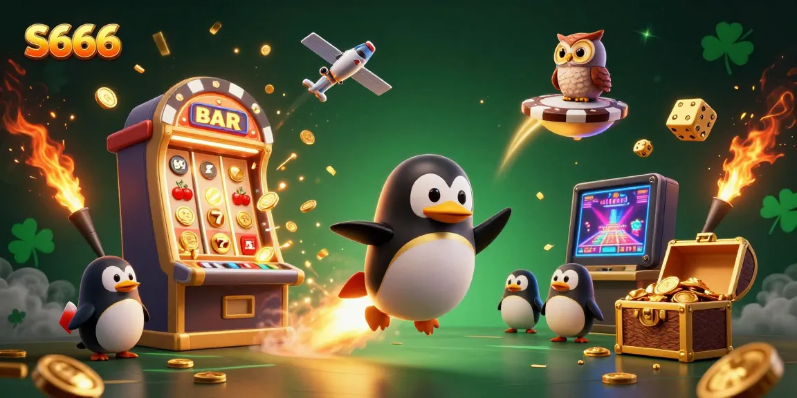 S666 casino features a penguin in space heading to a themed casino, surrounded by slot machine symbols and treasure.