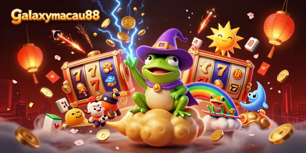 Experience the magic of galaxymacau88 as the wizard frog conjures gold coins amidst vibrant slots and lucky charms.