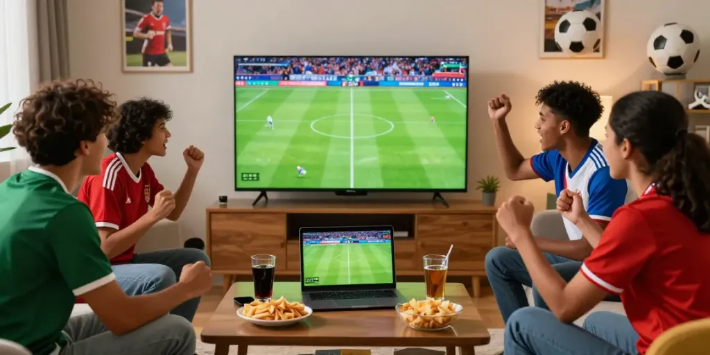 Football fans enjoying a live match with statistics on a laptop, highlighting cakhiatv service.