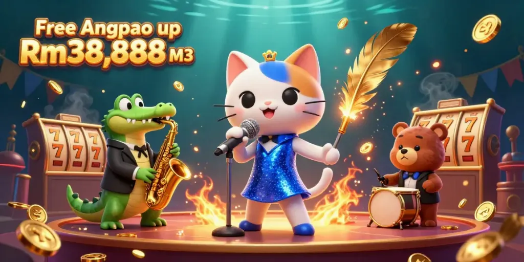 Engaging scene of characters celebrating at Free Angpao up Rm38,888 M3 online casino, featuring musical elements and dynamic graphics.