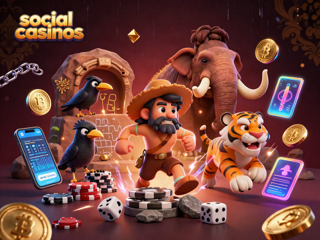 Experience excitement in social casinos with a vibrant scene featuring a caveman, sabertooth tiger, and crypto elements.