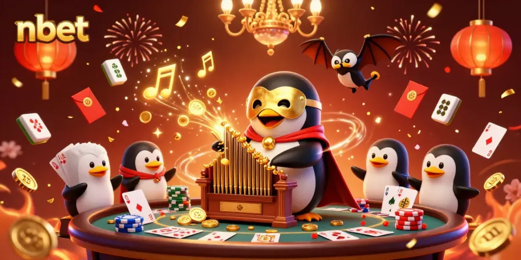 Experience a vibrant casino scene with nbet's penguin character amidst flying poker elements.
