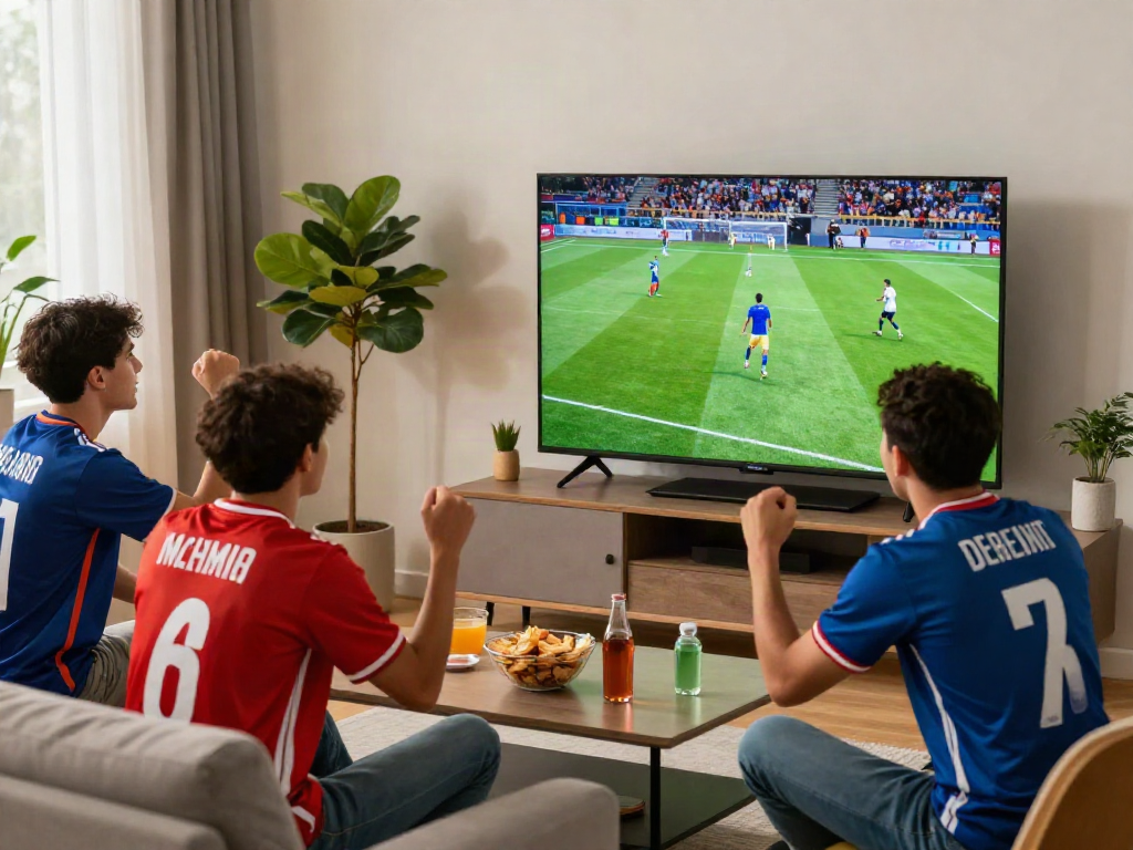 Friends enjoying a football match on Thapcamtv with snacks and enthusiasm.