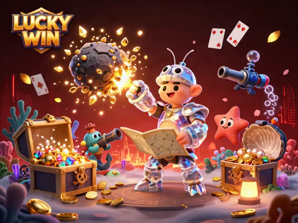 Engage with LUCKY WIN's vibrant underwater treasure explosion in this dynamic casino-themed illustration.