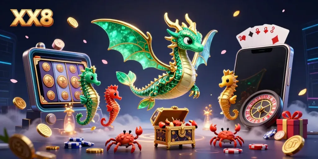 Engage in the ultimate casino experience with the stunning XX8 sea dragon illustration featuring dynamic slots and games.