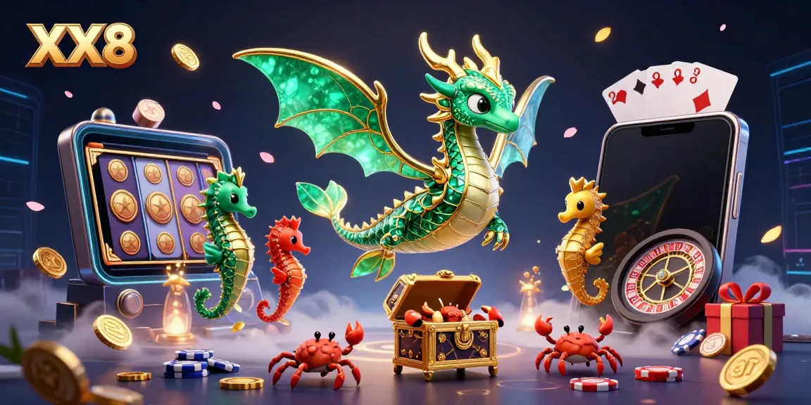 Engage in the ultimate casino experience with the stunning XX8 sea dragon illustration featuring dynamic slots and games.