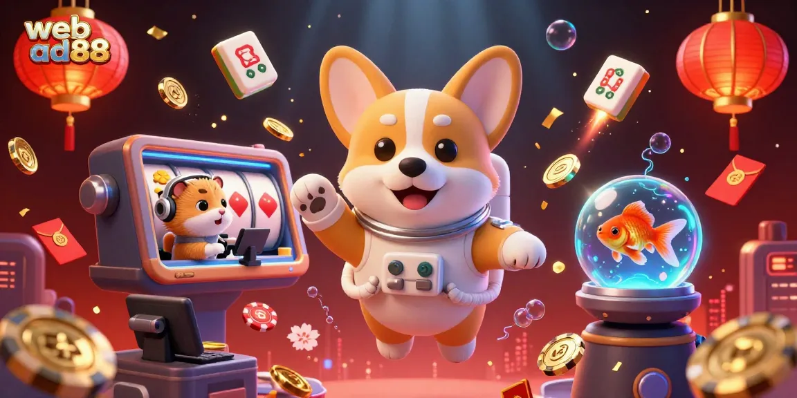 Experience winning thrills at web ad88 with an astronaut corgi in a vibrant casino space scene.