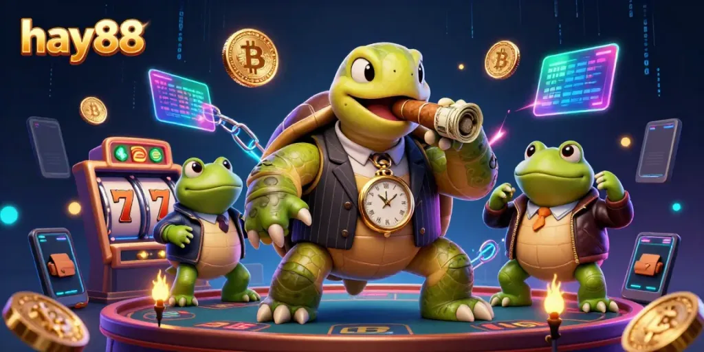 Experience gaming action at hay88 with a vibrant 3D illustration featuring a snapping turtle in a casino scene.