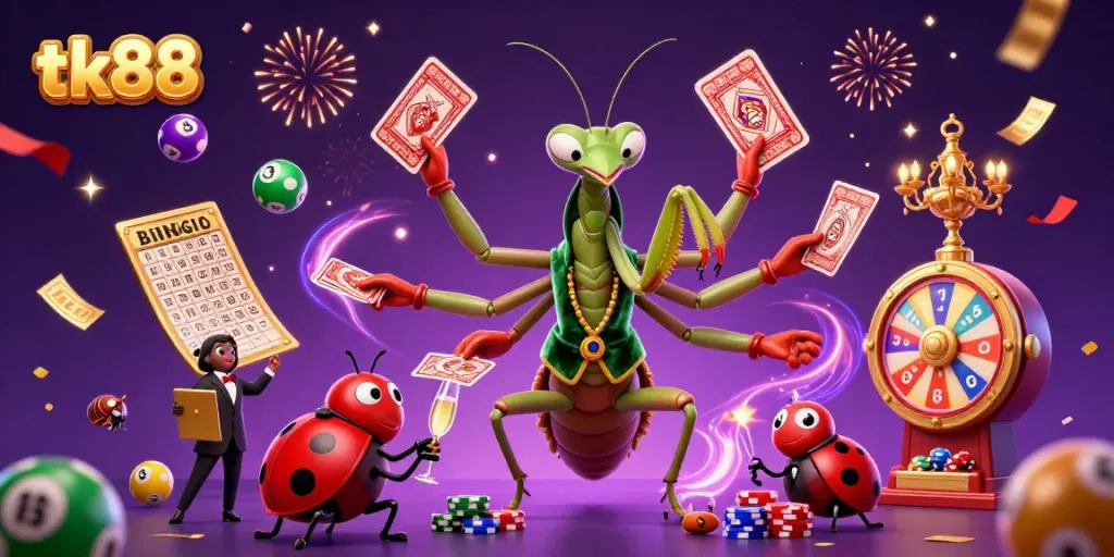 Celebrate with tk88: vibrant casino illustration with a mantis card sharp and ladybug pit boss.