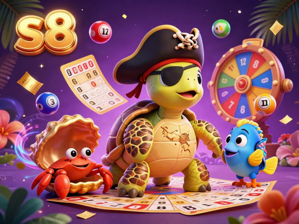 Play exciting games at S8 as a turtle, crab, and parrotfish explore vibrant casino elements.
