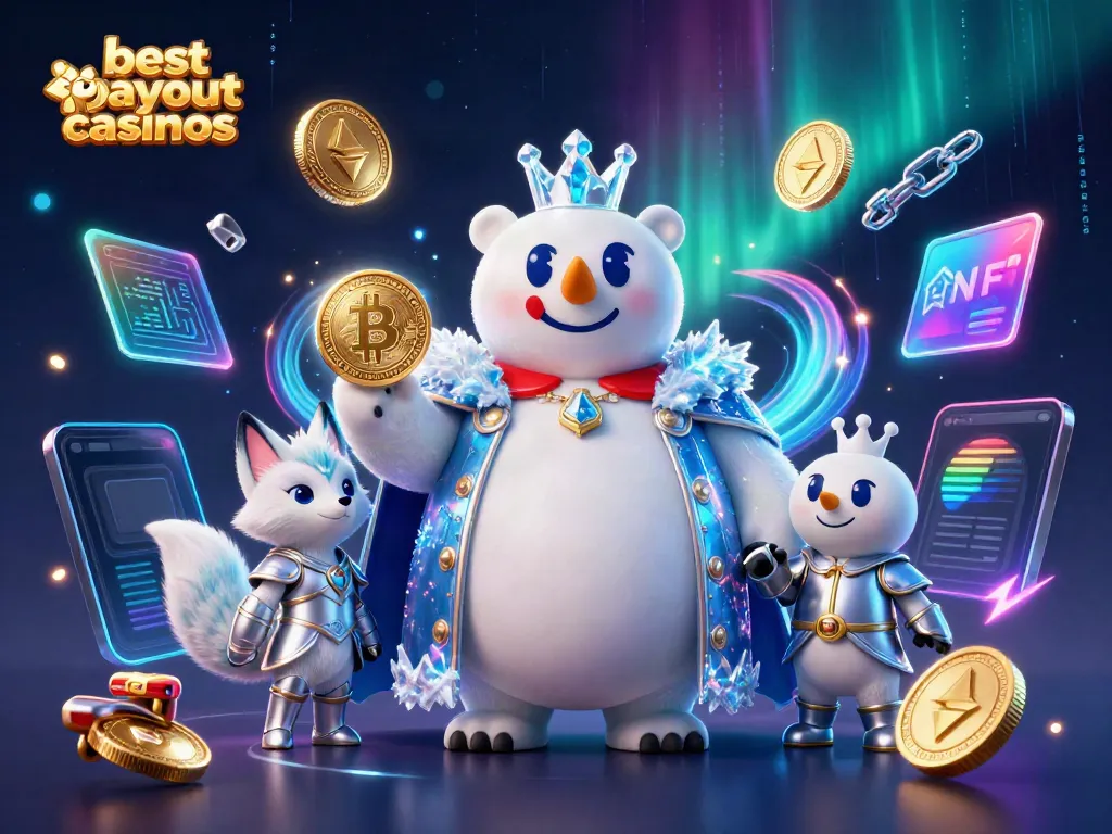 Engage with the best payout casinos featuring a polar bear king and a snow fox, surrounded by vibrant crypto elements.