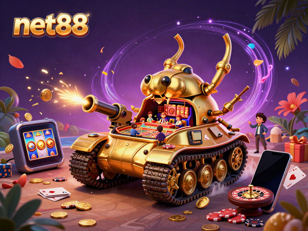 Experience winning games at net88 with a 3D golden beetle casino tank showcasing lively gaming action.