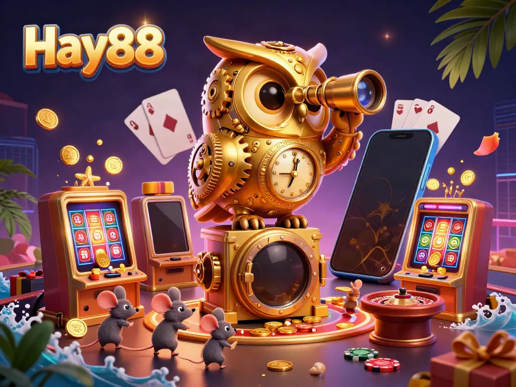Experience excitement at Hay88 as a golden owl monitors the bustling casino, surrounded by vibrant gaming elements.
