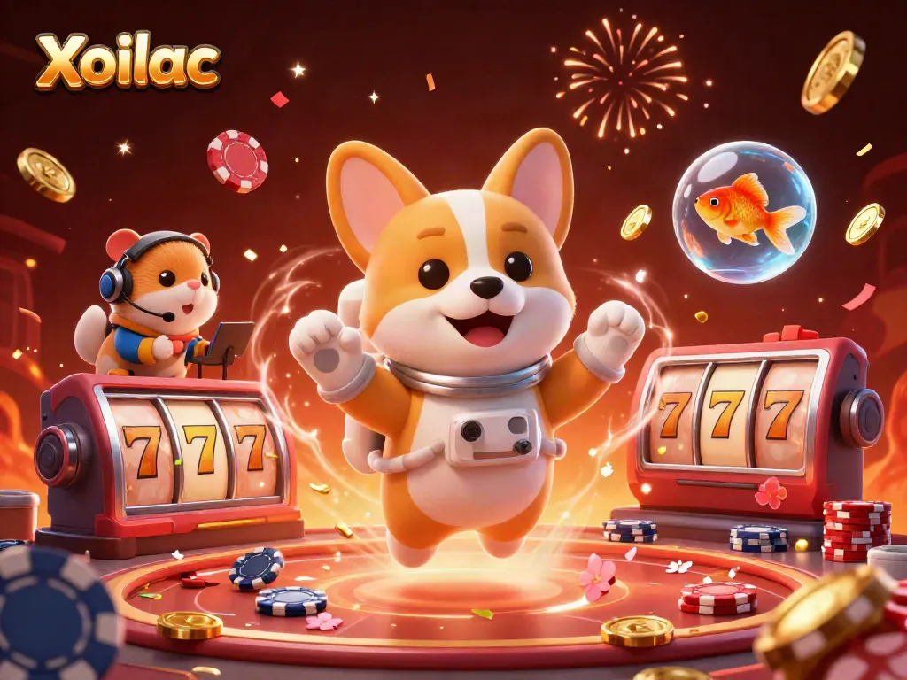 Xoilac offers an immersive atmosphere with the astronaut corgi in zero gravity surrounded by floating slots and colorful confetti.