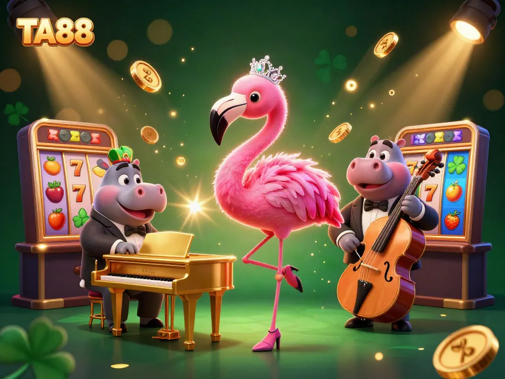Experience thrilling gameplay at TA88 with an energetic flamingo singer and a hippo bassist in a vibrant casino scene.