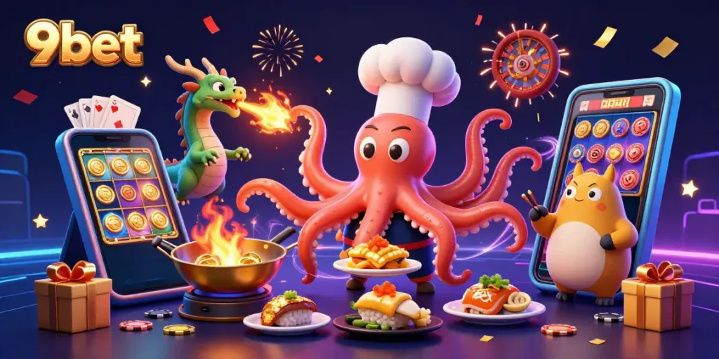 Engage with 9bet's vibrant gaming experience featuring dynamic 3D characters and casino elements.