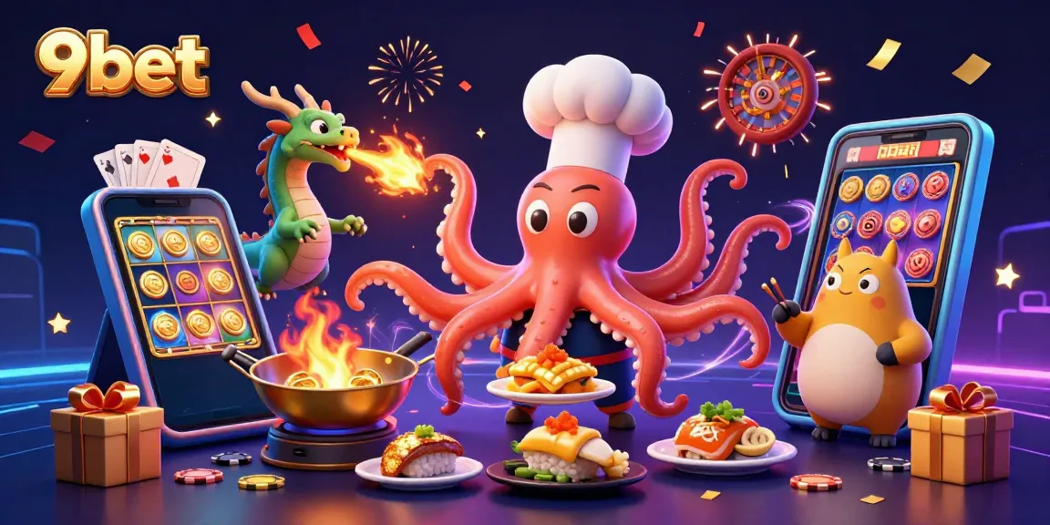 Engage with 9bet's vibrant gaming experience featuring dynamic 3D characters and casino elements.