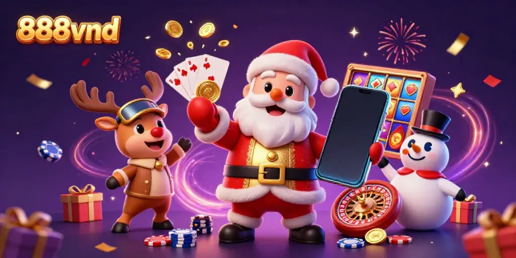 Experience exhilarating gameplay with 888vnd's festive casino-themed illustration featuring vibrant characters.